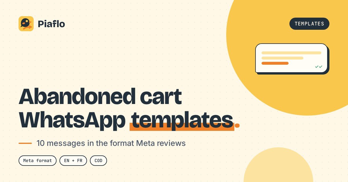 Piaflo cover reading Abandoned cart WhatsApp templates, 10 messages in the format Meta reviews