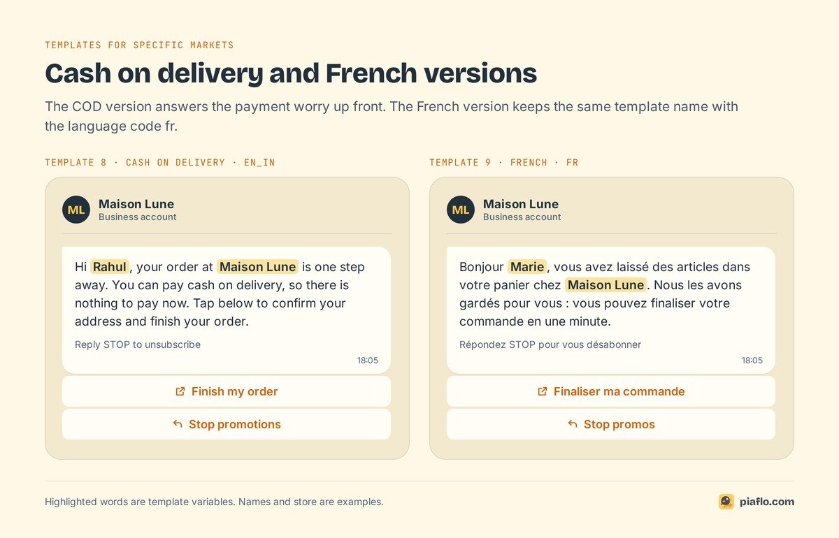 Cash on delivery cart reminder in English and first cart reminder in French, shown as chat messages
