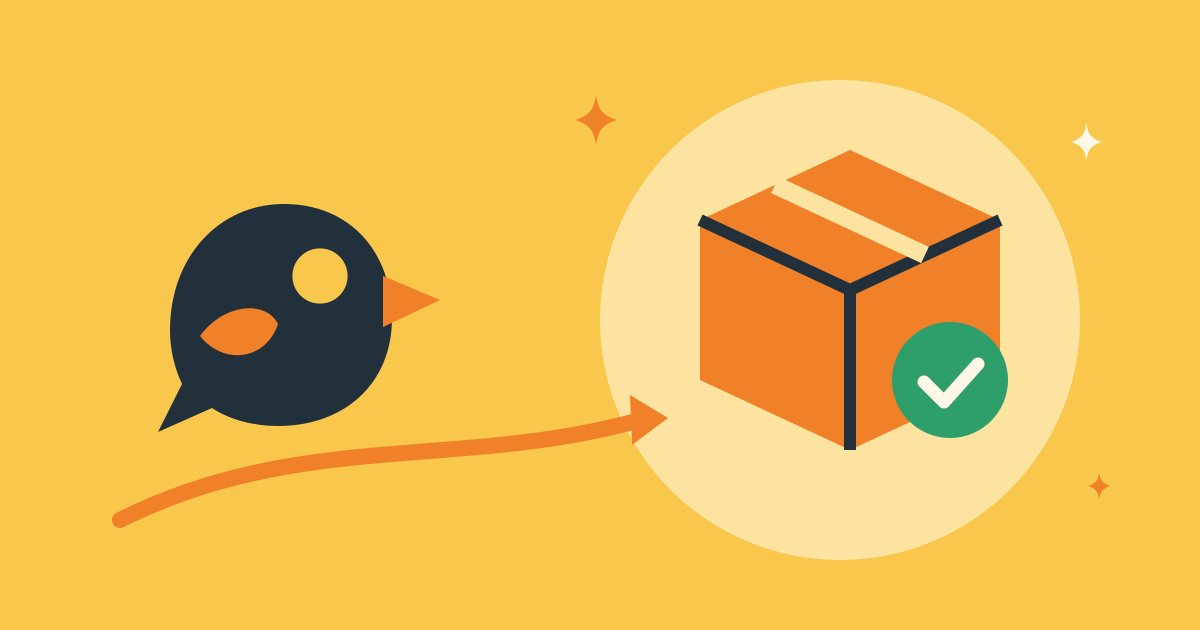 Piaflo sparrow carrying a parcel with confirm and cancel buttons