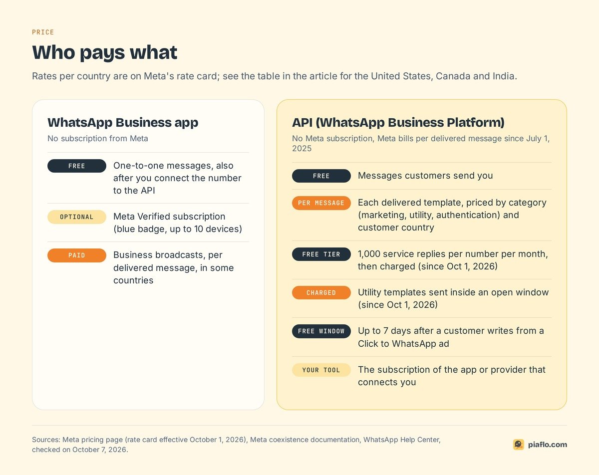 Who pays what on the WhatsApp Business app and on the API, including the October 1, 2026 changes